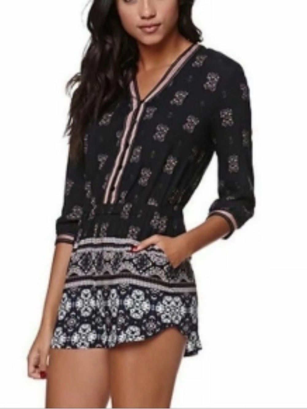 Kendall & Kylie Black V-Neck Romper with Pink Trim